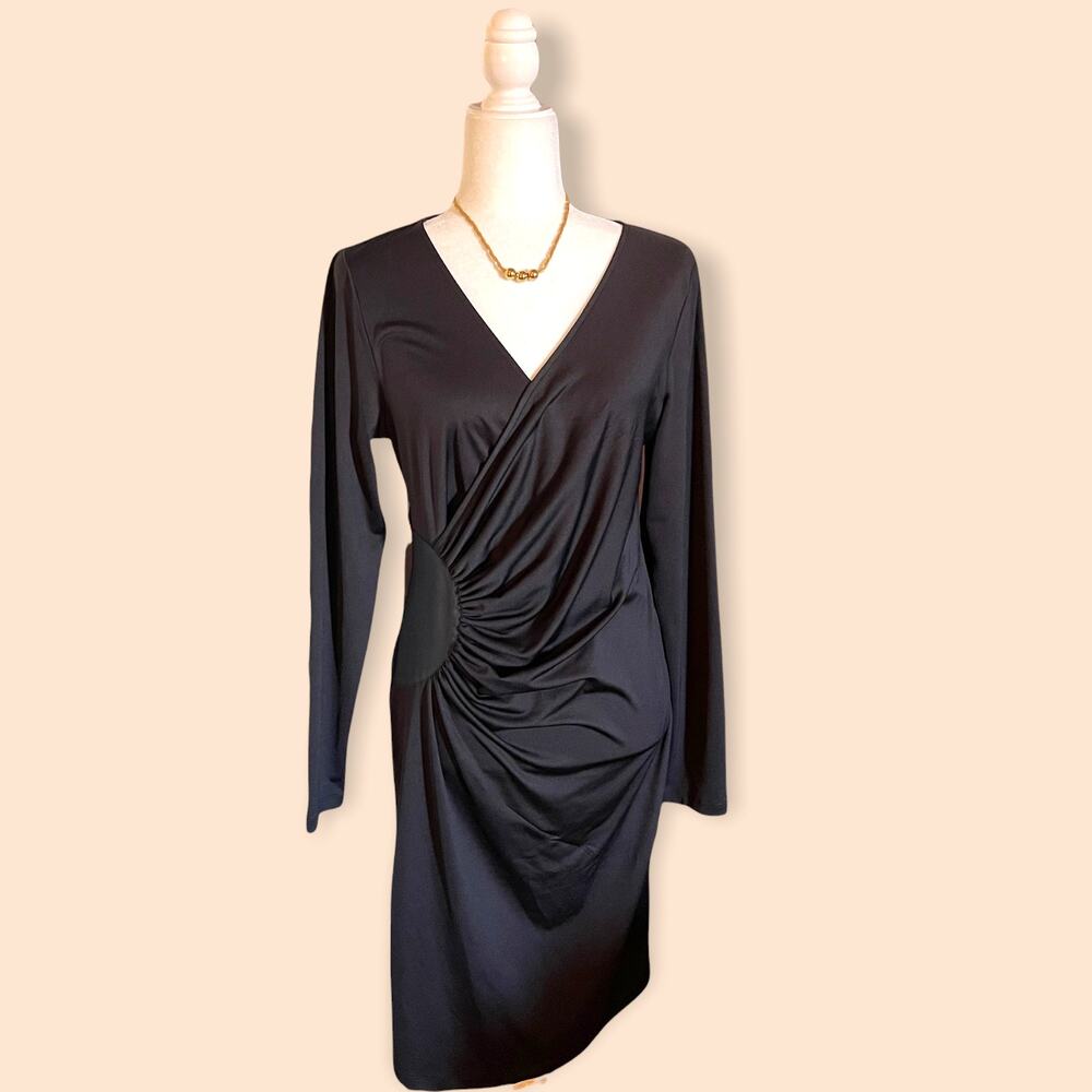 LONG SLEEVE, PLUNGE NECK, RUCHED WAIST MIDI  FAUX WRAP DRESS-GREAT FIT!